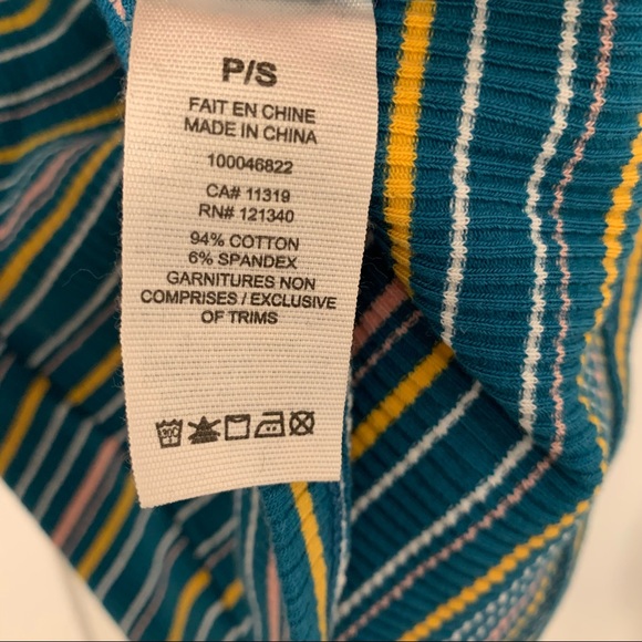 Garage blue yellow white striped long sleeve top size S stretchy zipper front - Picture 5 of 5